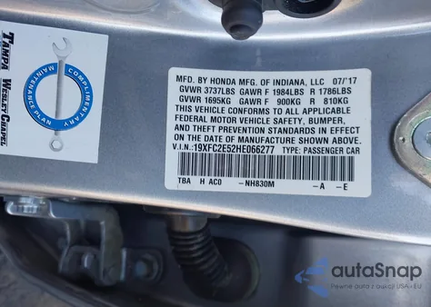 2017 Honda Civic Lx z USA, uszkodzony, nr VIN 19XFC2E52HE066277